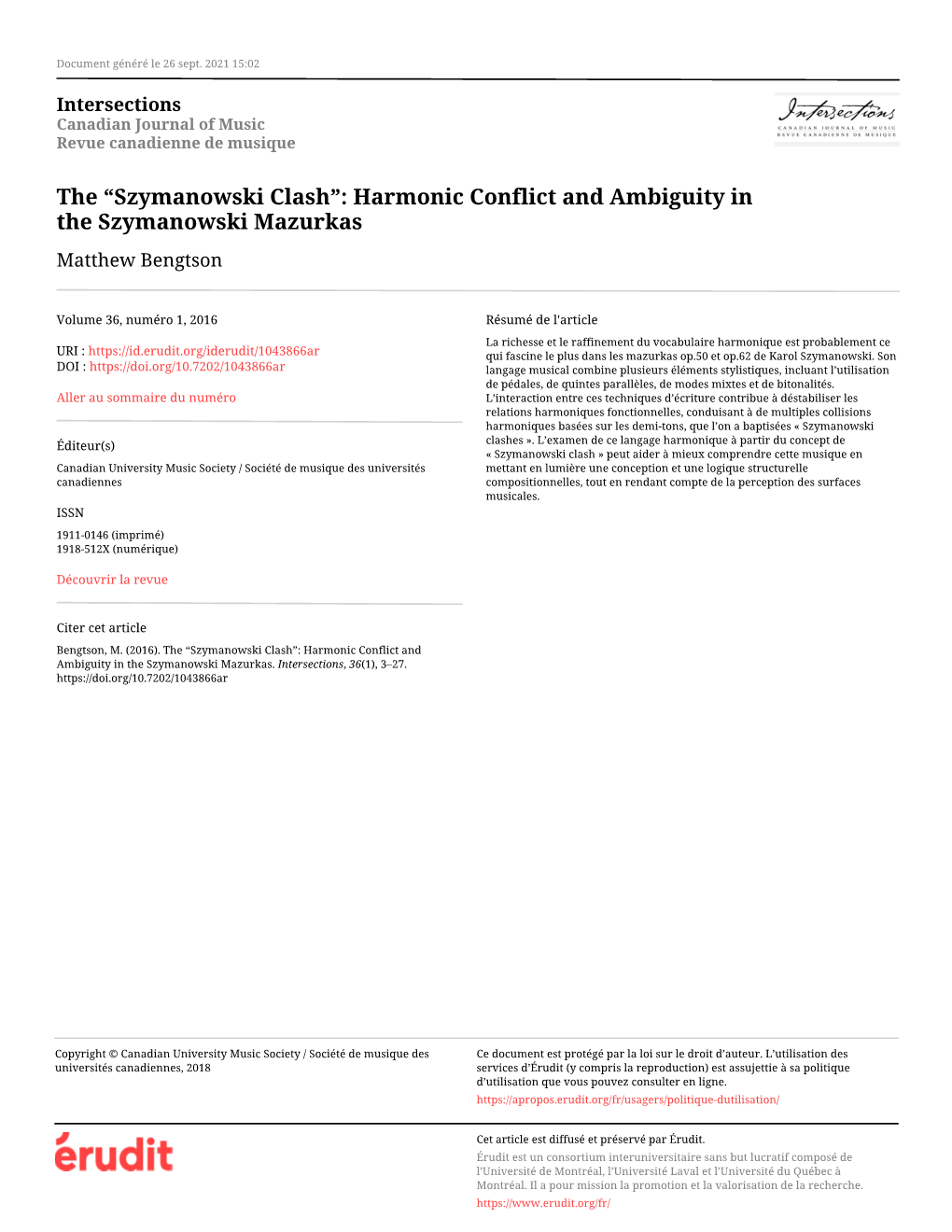 Szymanowski Clash”: Harmonic Conflict and Ambiguity in the Szymanowski Mazurkas Matthew Bengtson