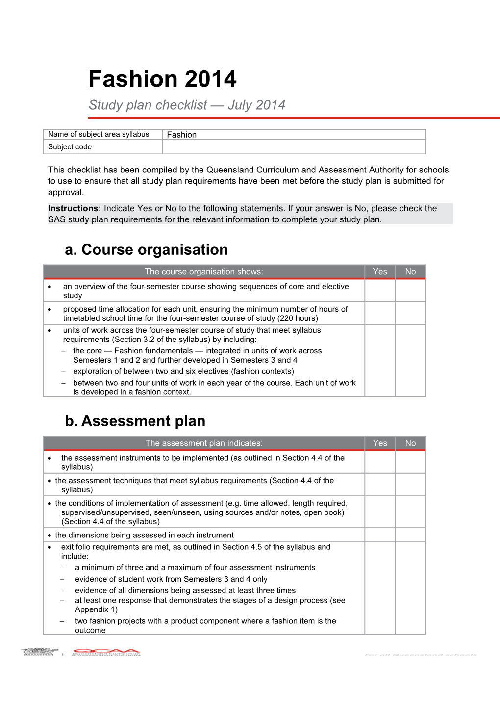 Fashion 2014: Study Plan Checklist July 2014