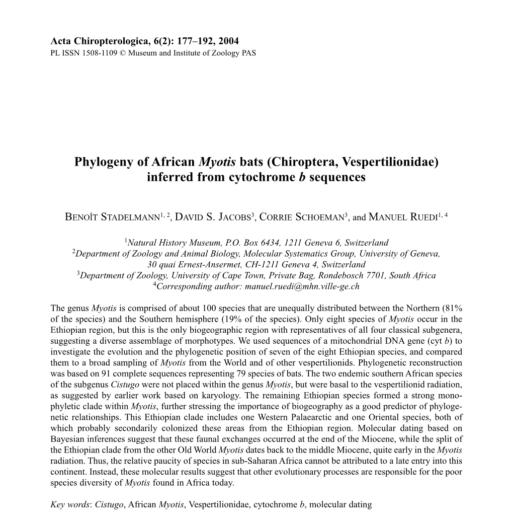 Phylogeny of African Myotis Bats (Chiroptera, Vespertilionidae) Inferred from Cytochrome B Sequences