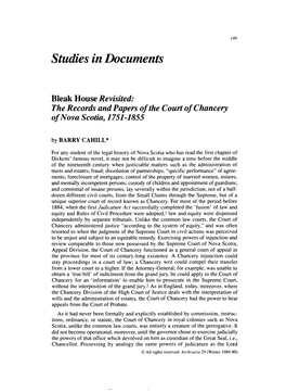 Studies in Documents Bleak House Revisited: the Records and Papers of the Court of Chancery of Nova Scotia, 1751