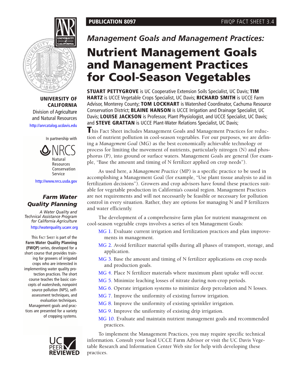 Nutrient Management Goals and Recommended Practices for Cool