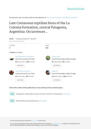 Late Cretaceous Reptilian Biota of the La Colonia Formation, Central Patagonia, Argentina: Occurrences