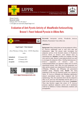 Evaluation of Anti-Pyretic Activity of Woodfordia Fruticosausing Brewer's