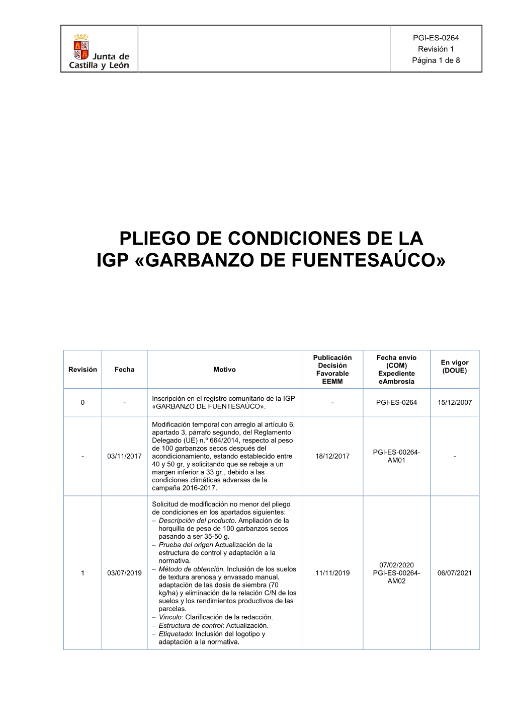 Pliego De Condiciones De La Igp «Garbanzo De Fuentesaúco»