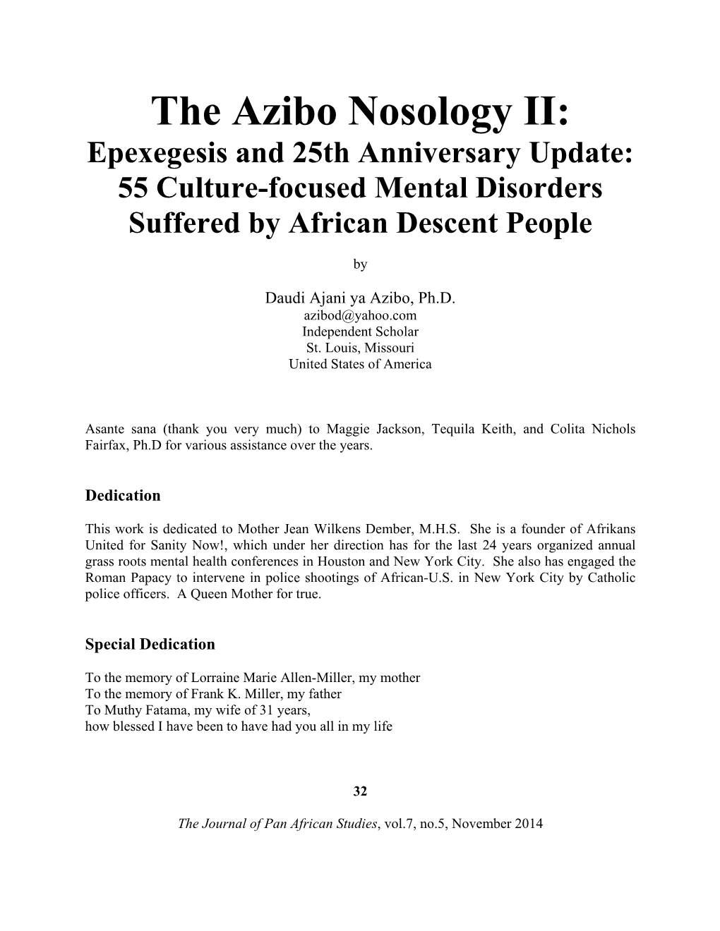 The Azibo Nosology II: Epexegesis and 25Th Anniversary Update: 55 Culture-Focused Mental Disorders Suffered by African Descent People