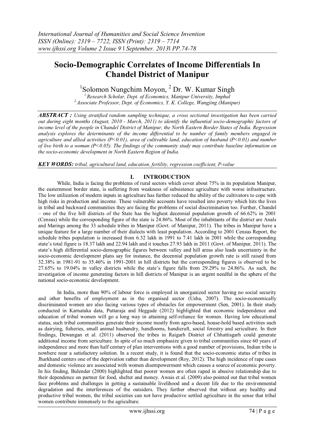 Socio-Demographic Correlates of Income Differentials in Chandel District of Manipur