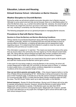 Kirkwall Grammar School - Information on Barrier Closures