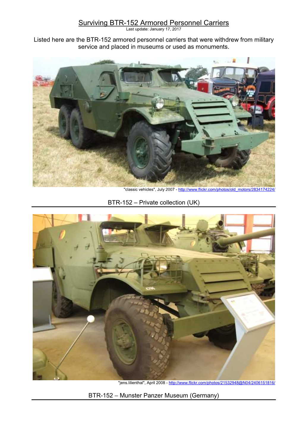 Surviving BTR-152 Armored Personnel Carriers Last Update: January 17, 2017