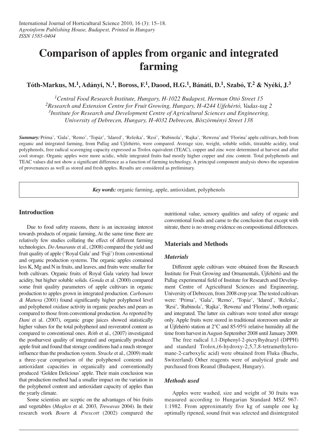 Comparison of Apples from Organic and Integrated Farming