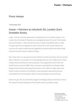 Press Release Foster + Partners to Refurbish ZSL London Zoo's