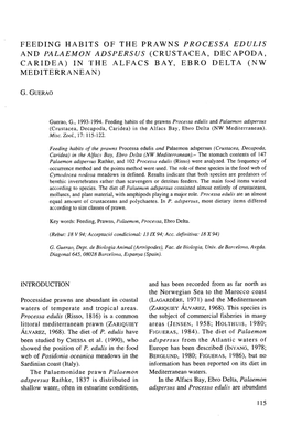 Feeding Habits of the Prawns Processa Edulzs and Palaemon Adspersus (Crustacea, Decapoda, Caridea) in the Alfacs Bay, Ebro Delta (Nw Mediterranean)