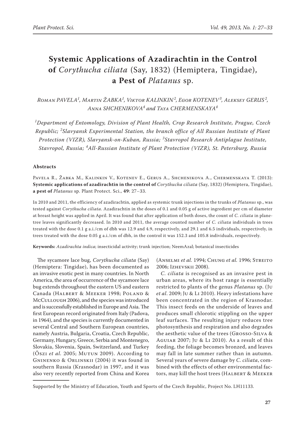 Systemic Applications of Azadirachtin in the Control of Corythucha Ciliata (Say, 1832) (Hemiptera, Tingidae), a Pest of Platanus Sp