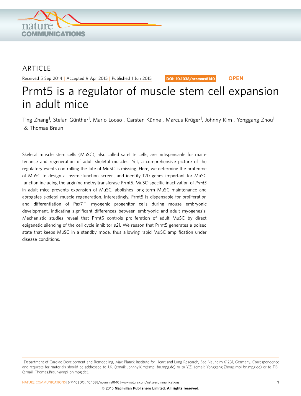 Prmt5 Is a Regulator of Muscle Stem Cell Expansion in Adult Mice