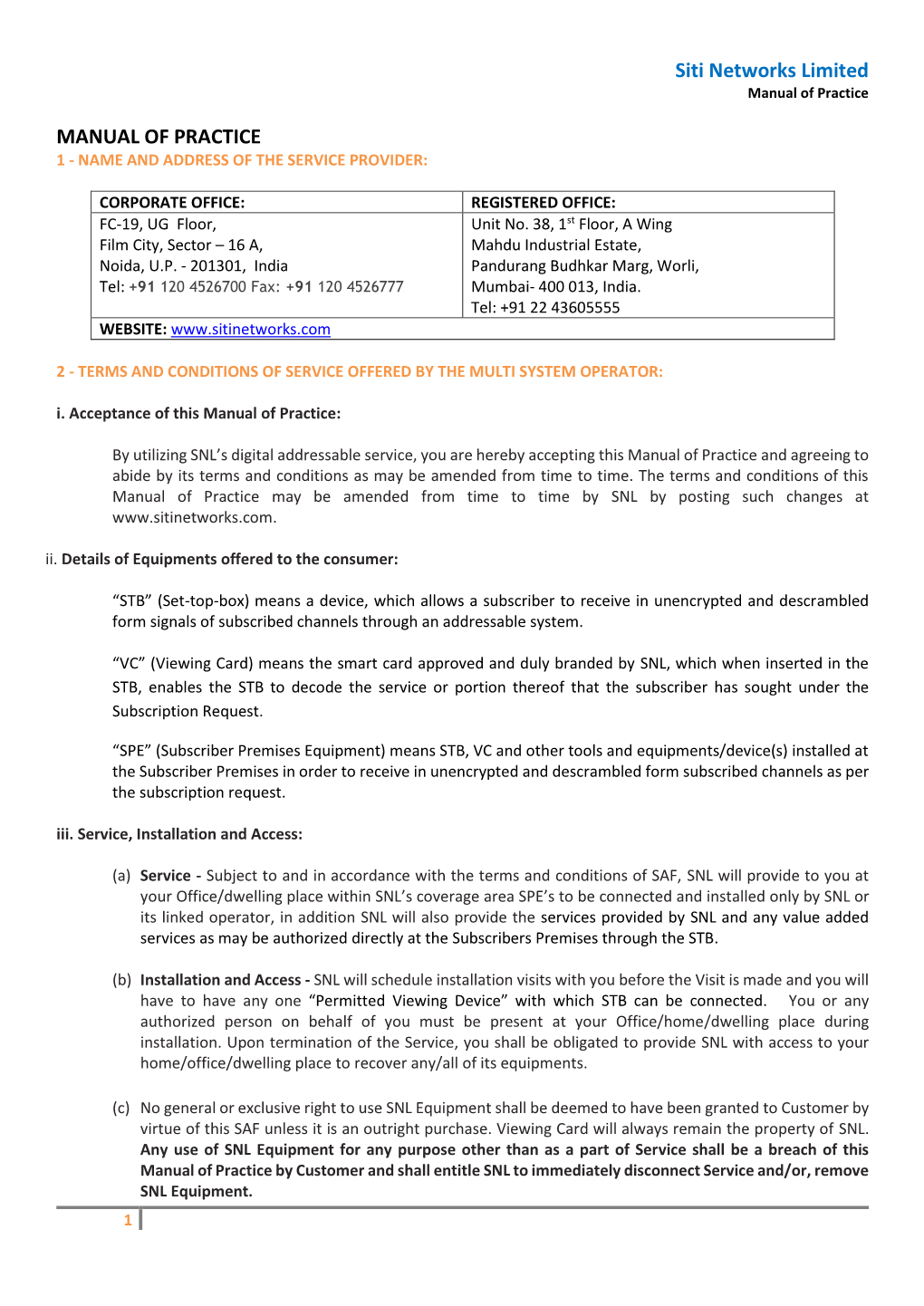 Siti Networks Limited Manual of Practice