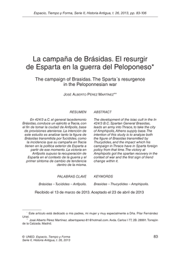 La Campaña De Brásidas. El Resurgir De Esparta En La Guerra Del Peloponeso*