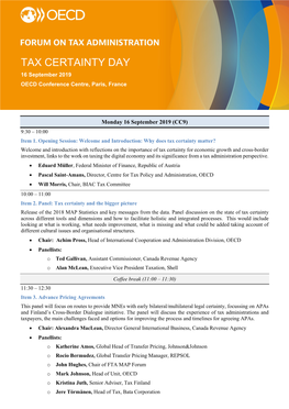 TAX CERTAINTY DAY 16 September 2019 OECD Conference Centre, Paris, France