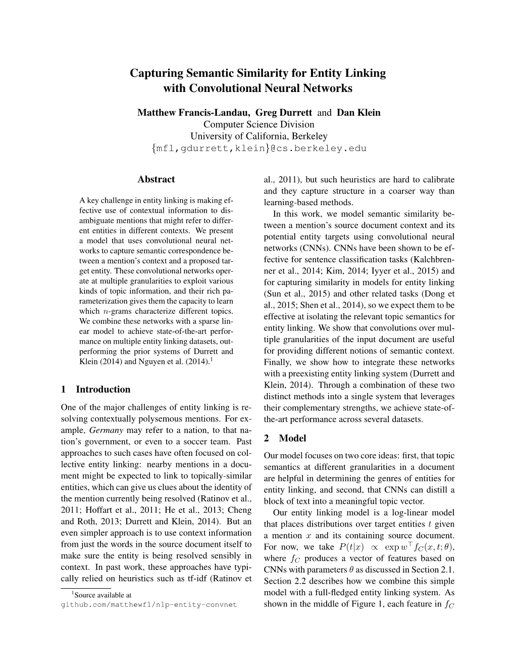 Capturing Semantic Similarity for Entity Linking with Convolutional Neural Networks