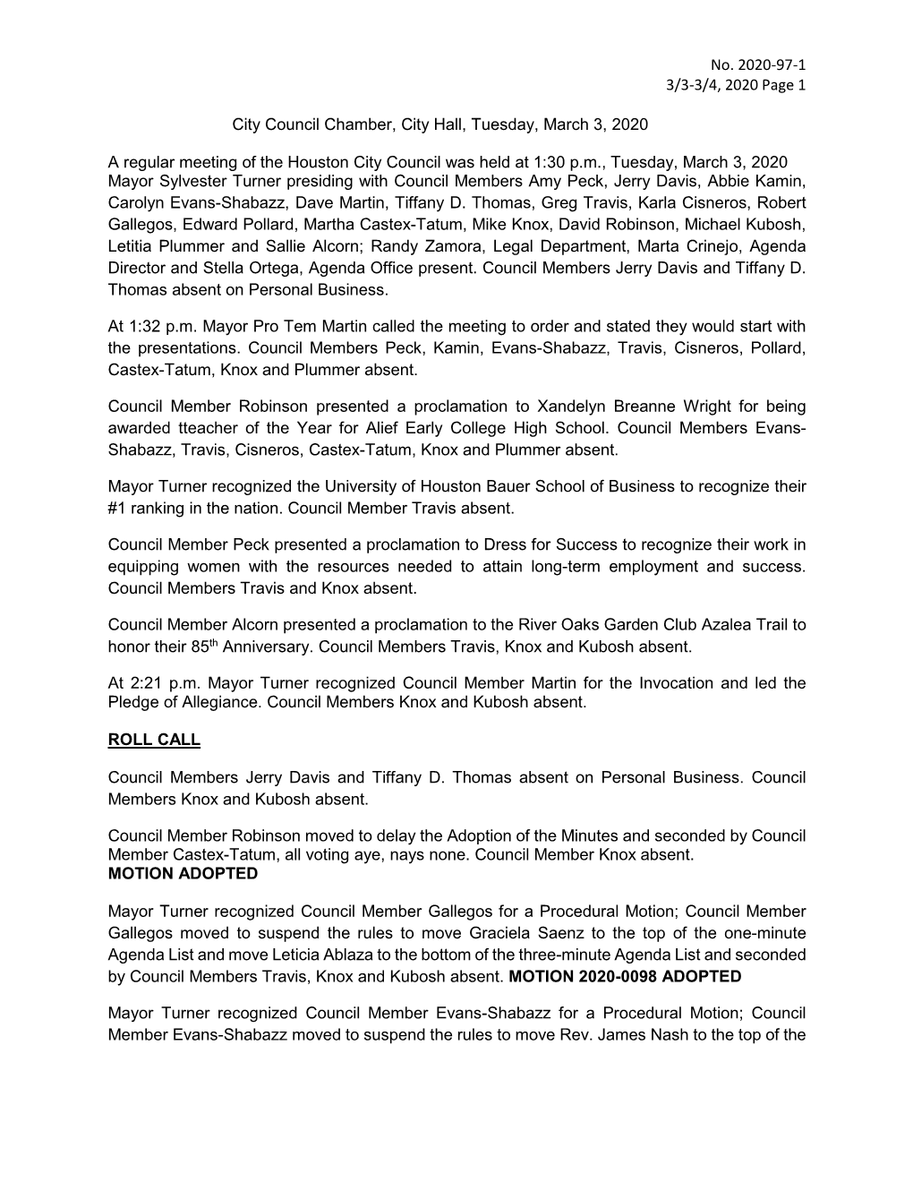 No. 2020-97-1 3/3-3/4, 2020 Page 1 City Council