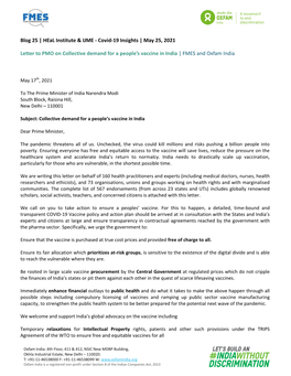 Letter to PMO on Collective Demand for a People's Vaccine in India