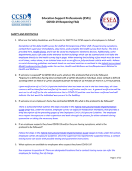 Education Support Professionals (Esps) COVID-19 Reopening FAQ