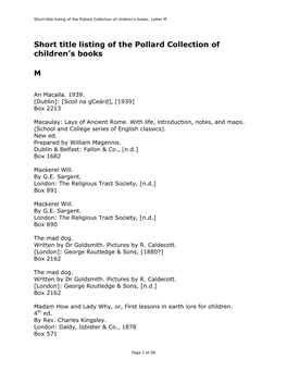 Short Title Listing of the Pollard Collection of Children's Books