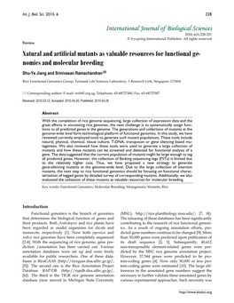 Natural and Artificial Mutants As Valuable Resources for Functional Ge- Nomics and Molecular Breeding Shu-Ye Jiang and Srinivasan Ramachandran