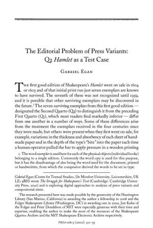 The Editorial Problem of Press Variants: �Hamlet As a Test Case