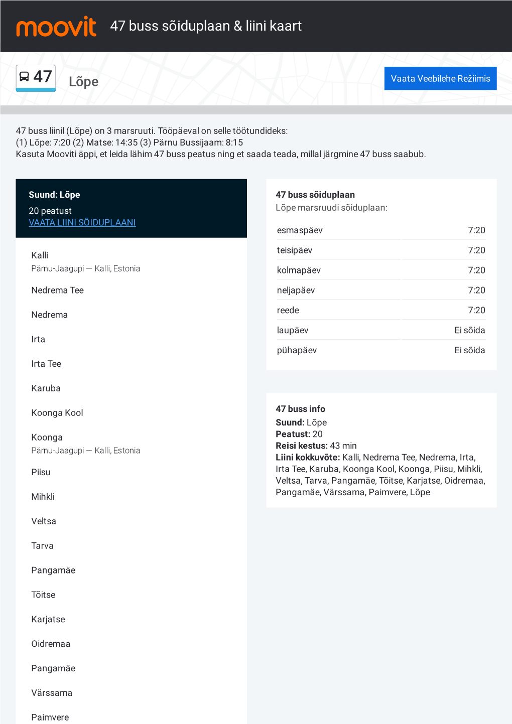 47 Buss Sõiduplaan & Liini Marsruudi Kaart