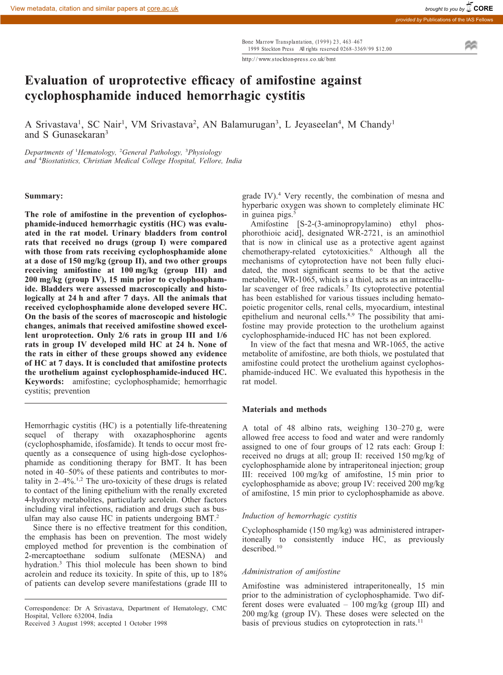 Evaluation of Uroprotective Efficacy of Amifostine Against Cyclophosphamide Induced Hemorrhagic Cystitis