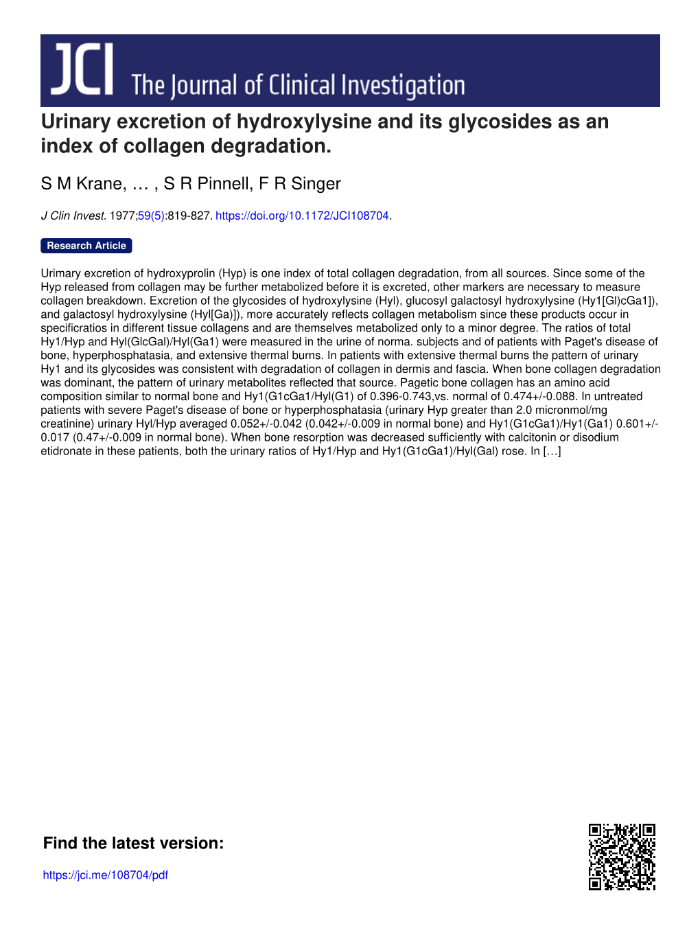 Urinary Excretion of Hydroxylysine and Its Glycosides As an Index of Collagen Degradation