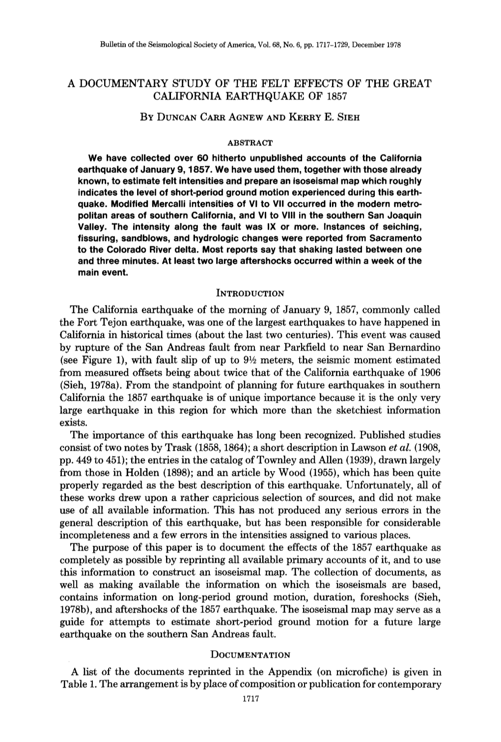 A Documentary Study of the Felt Effects of the Great California Earthquake of 1857