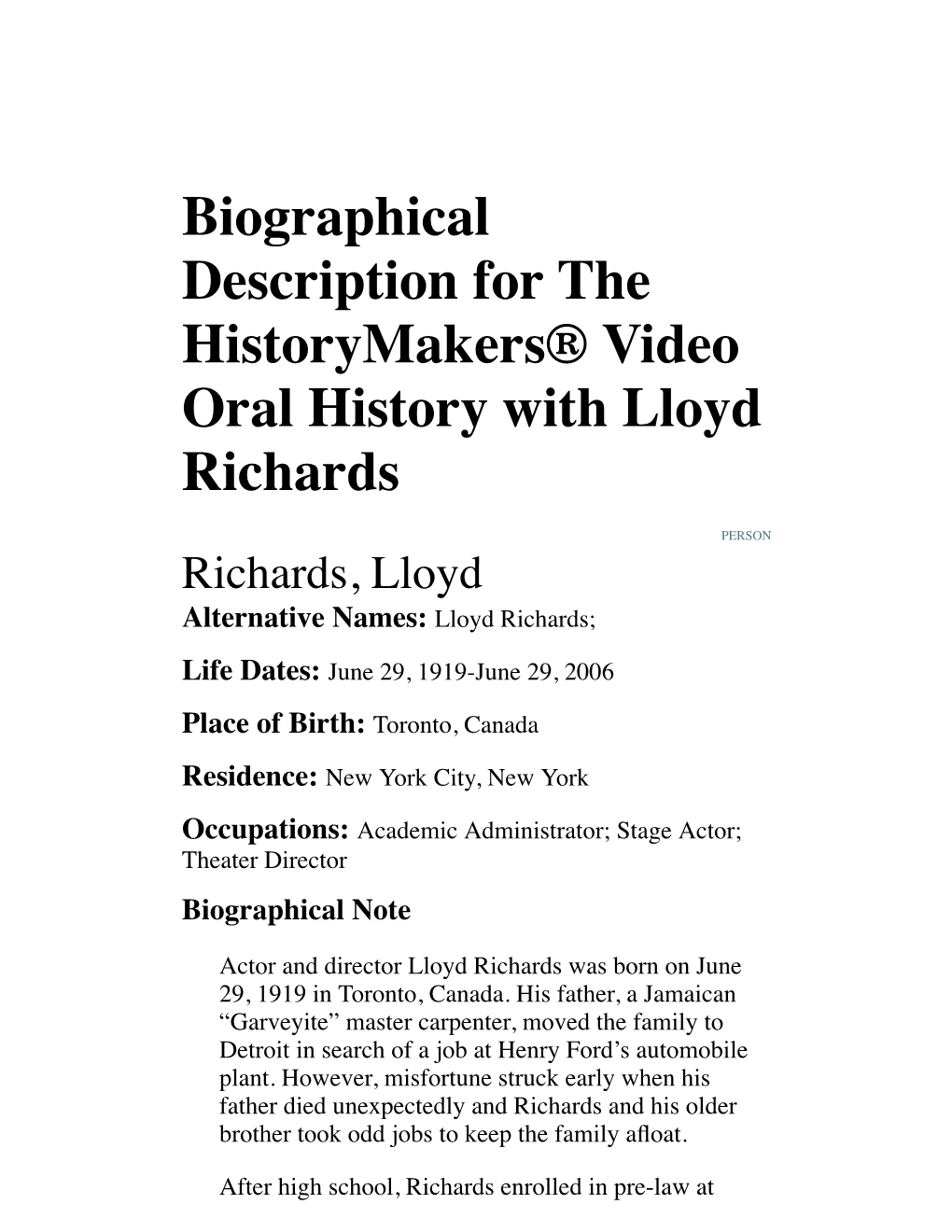 Biographical Description for the Historymakers® Video Oral History with Lloyd Richards