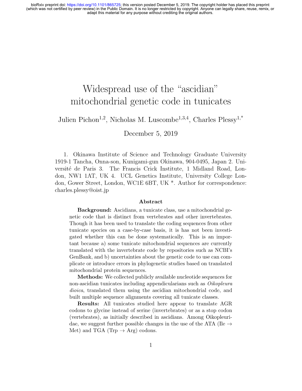 “Ascidian” Mitochondrial Genetic Code in Tunicates