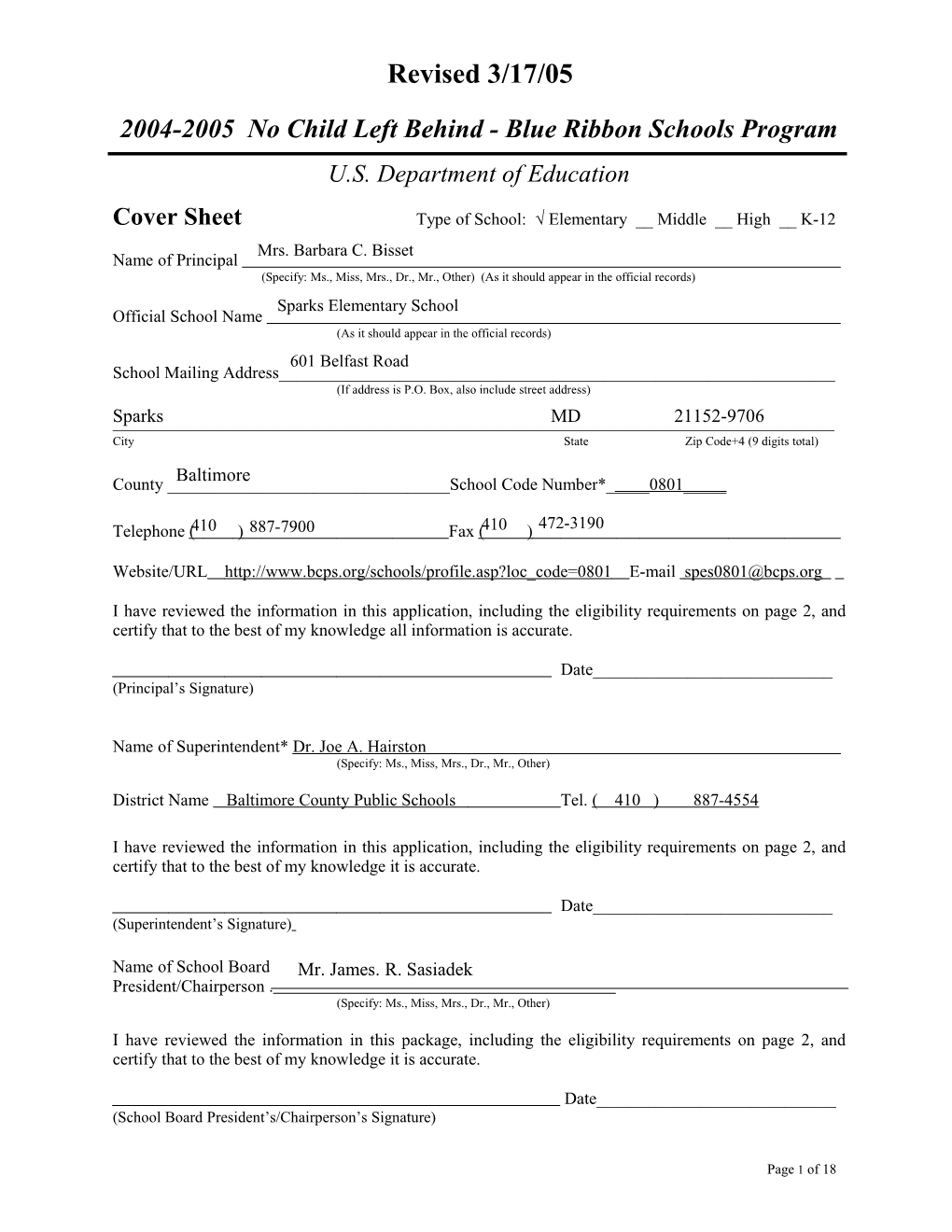 Sparks Elementary School Application: 2004-2005, No Child Left Behind - Blue Ribbon Schools