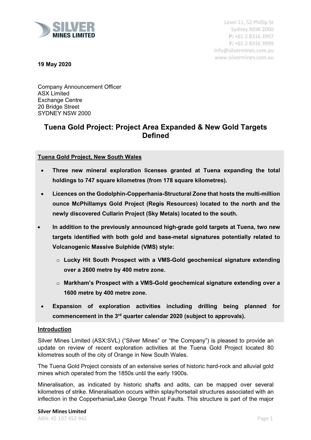 Tuena Gold Project: Project Area Expanded & New Gold Targets Defined