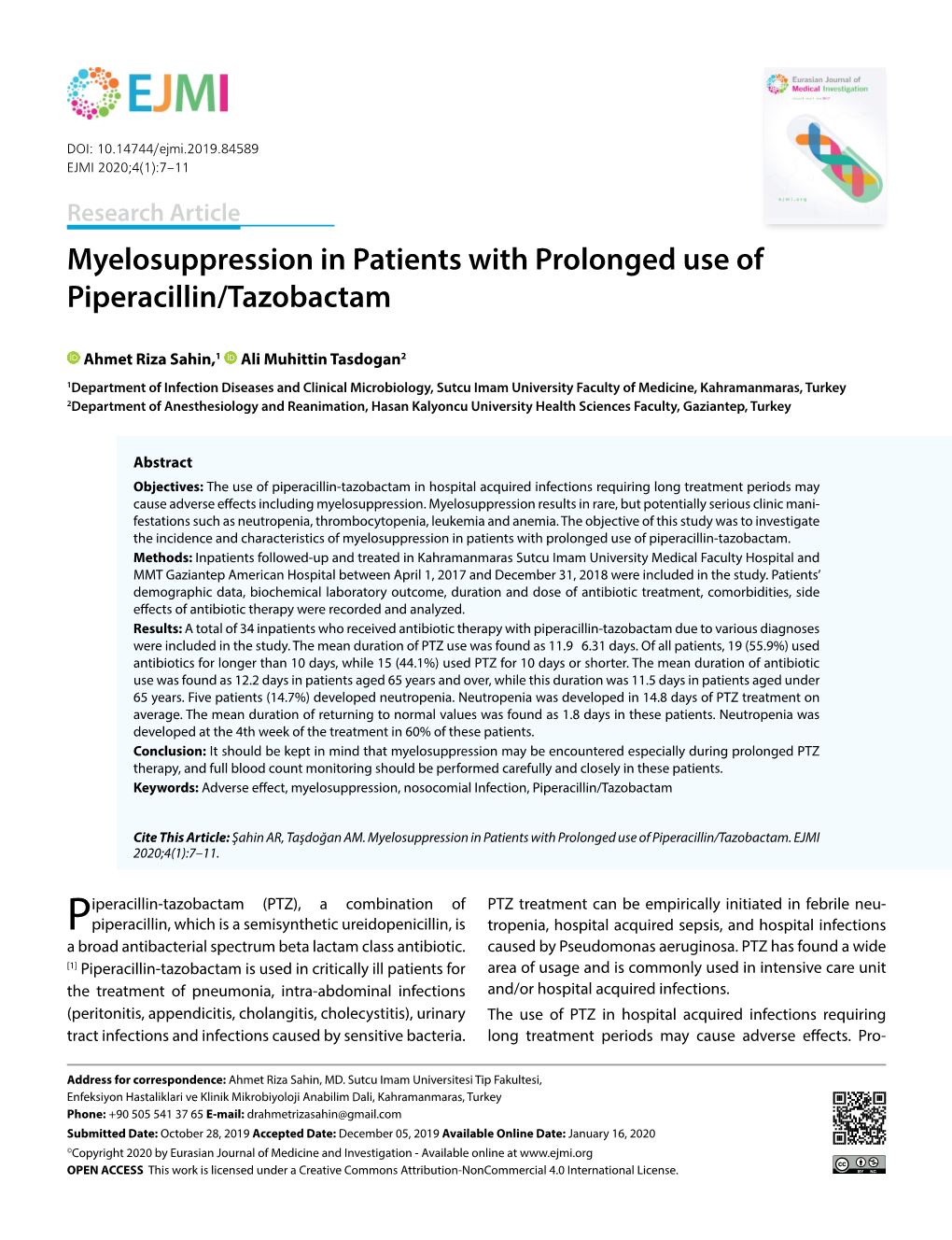 Myelosuppression in Patients with Prolonged Use of Piperacillin/Tazobactam