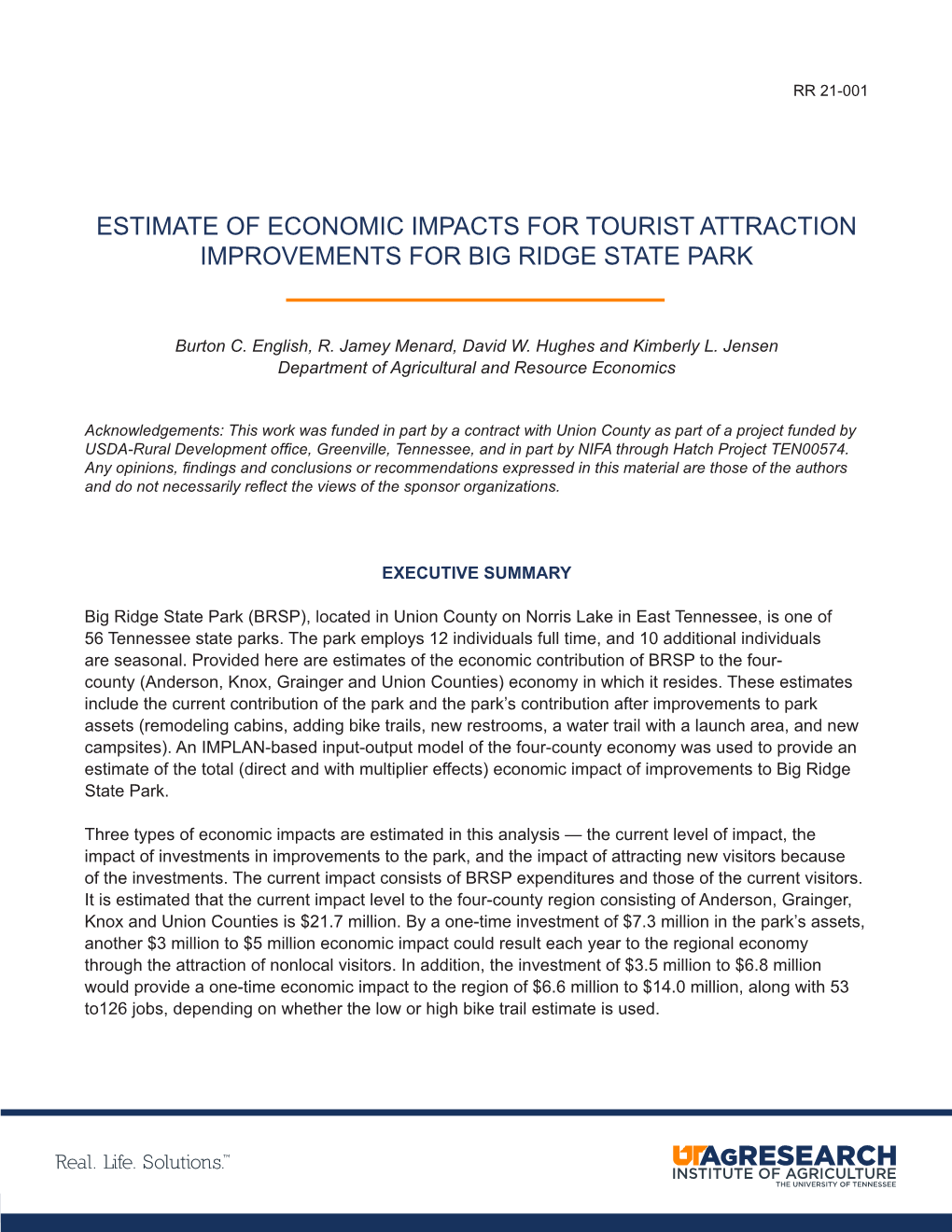 Estimate of Economic Impacts for Tourist Attraction Improvements for Big Ridge State Park