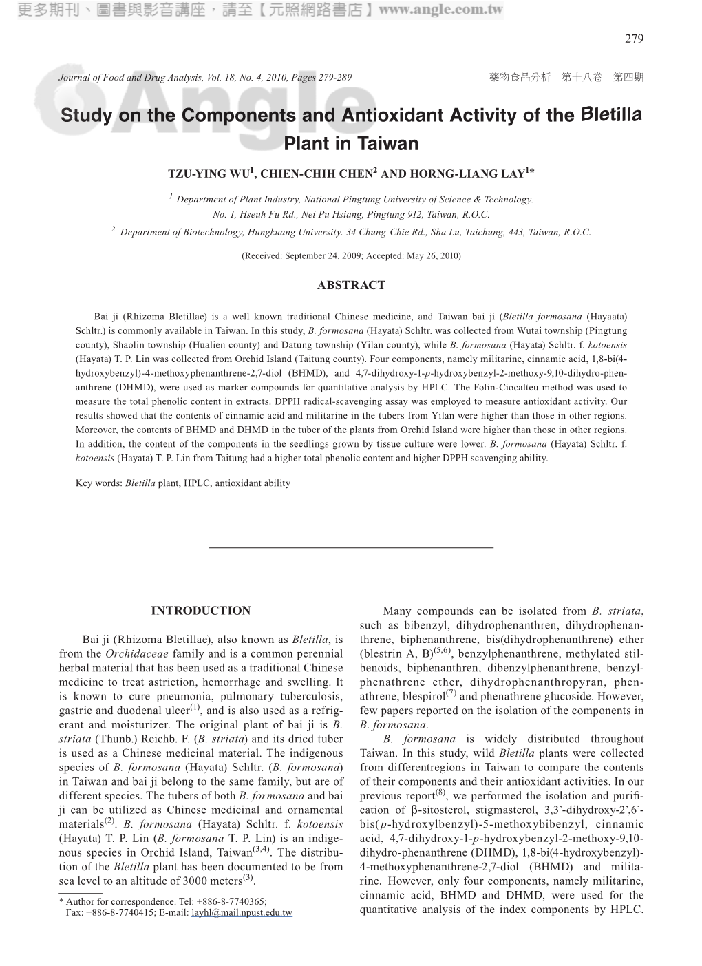 Study on the Components and Antioxidant Activity of the Bletilla Plant in Taiwan