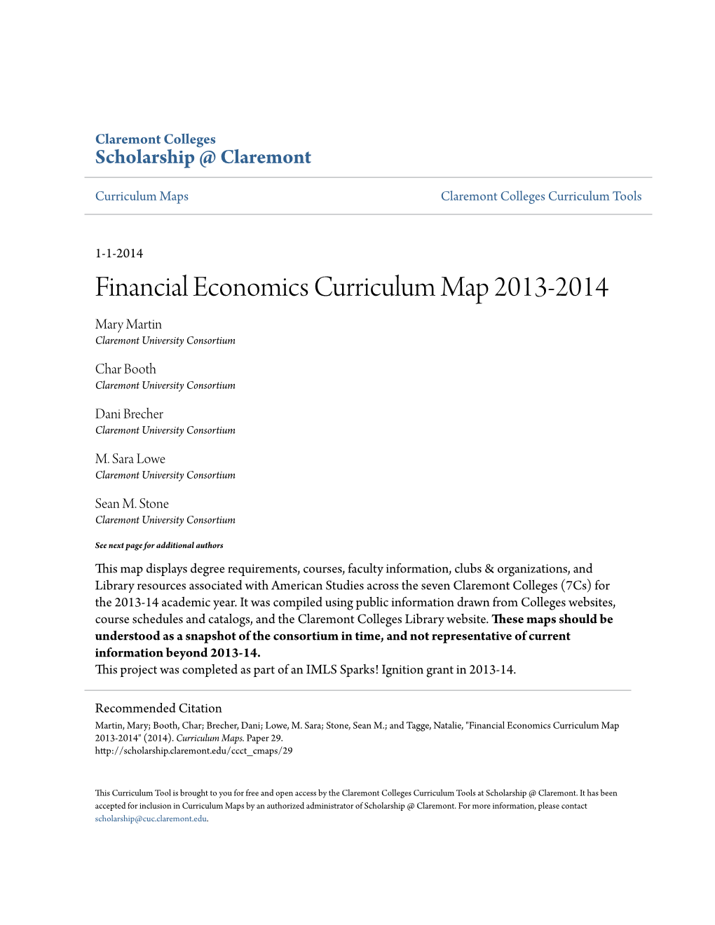 Financial Economics Curriculum Map 2013-2014 Mary Martin Claremont University Consortium