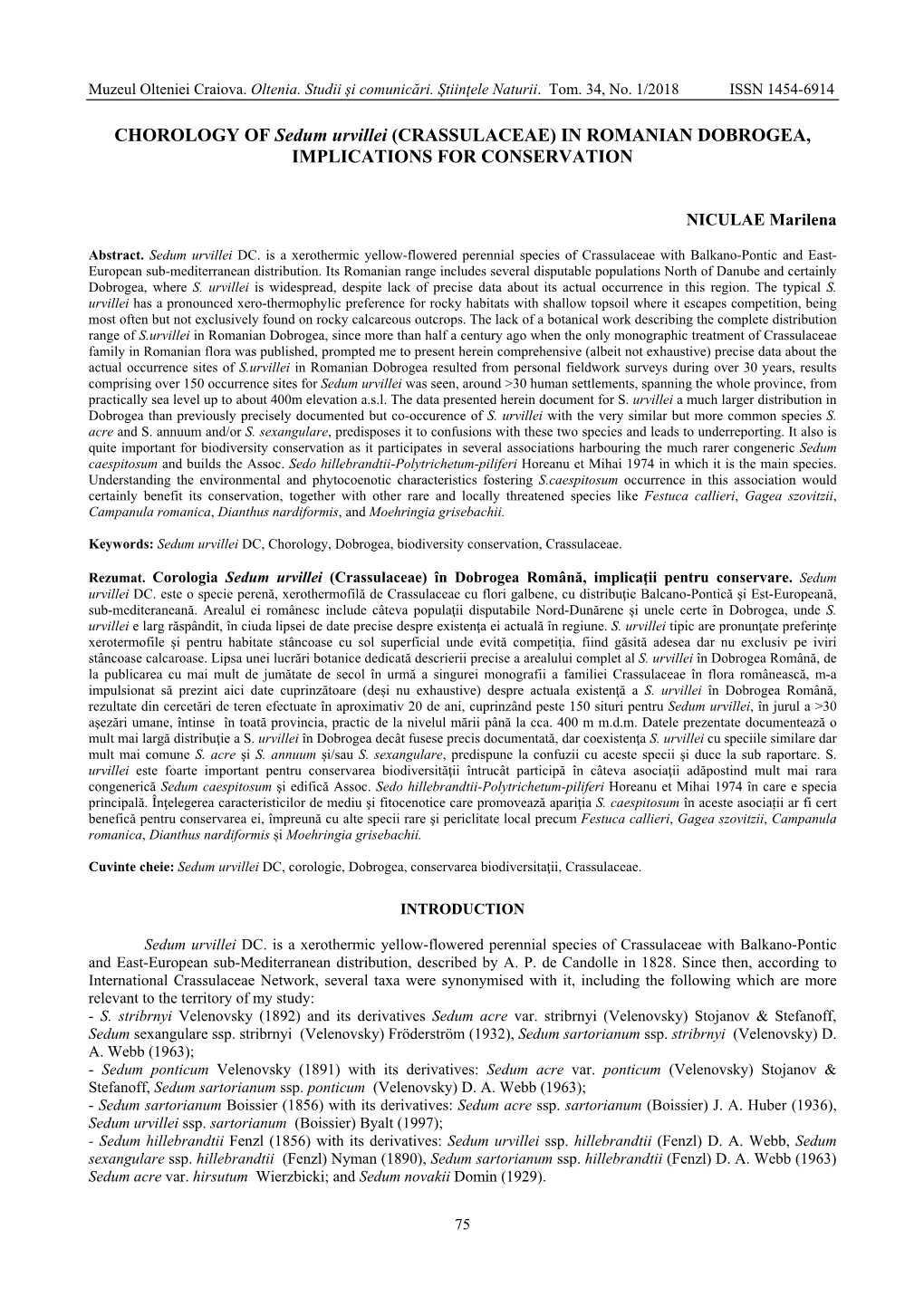 CHOROLOGY of Sedum Urvillei (CRASSULACEAE) in ROMANIAN DOBROGEA, IMPLICATIONS for CONSERVATION