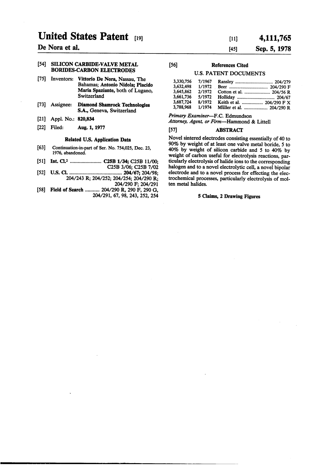 United States Patent (19) (11) 4,111,765 De Nora Et Al