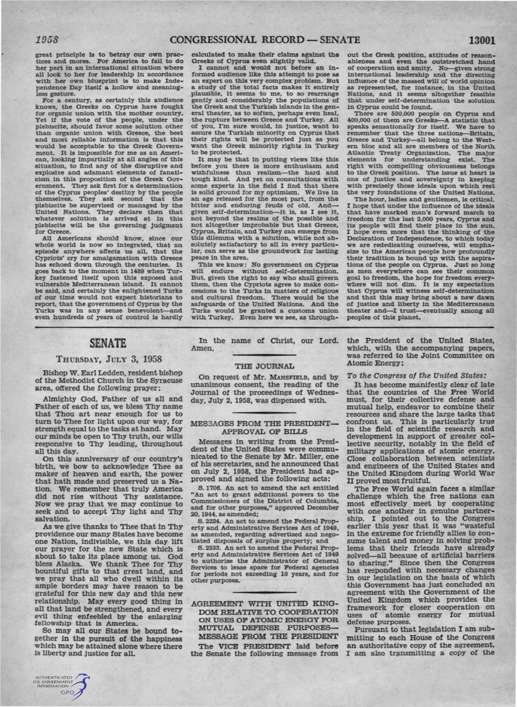 SENATE 13001 Great Principle Is to Betray Our Own Prac­ Calculated to Make Their Claims Against the out the Greek Position, Attitudes of Reason­ Tices and Mores