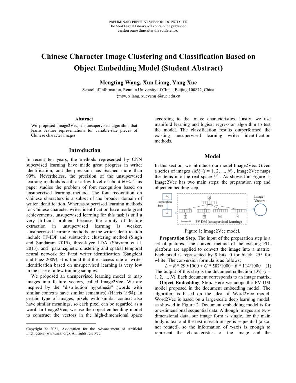 Chinese Character Image Clustering and Classification Based on Object Embedding Model (Student Abstract)