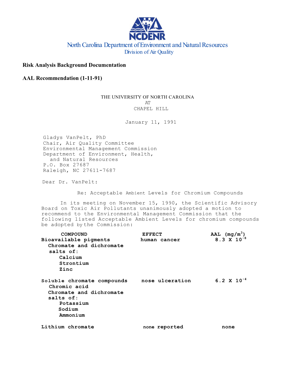 North Carolina Department of Environment and Natural Resources Division of Air Quality