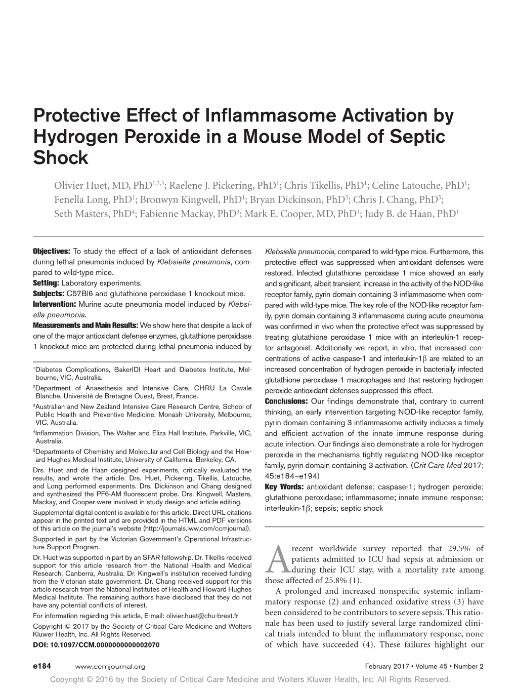 Protective Effect of Inflammasome Activation by Hydrogen Peroxide in a Mouse Model of Septic Shock