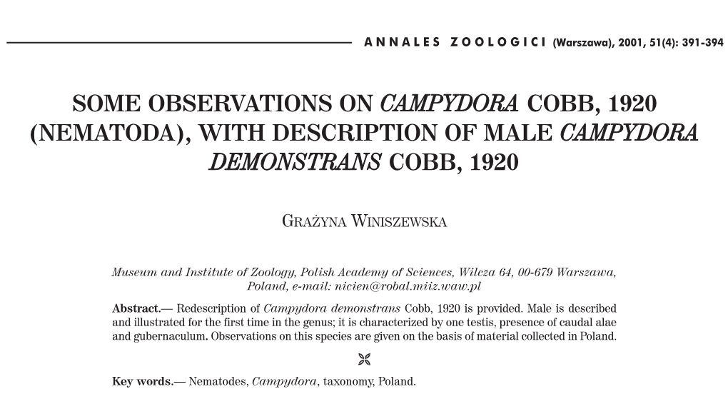 Some Observations on Campydora Cobb, 1920 (Nematoda), with Description of Male Campydora Demonstrans Cobb, 1920