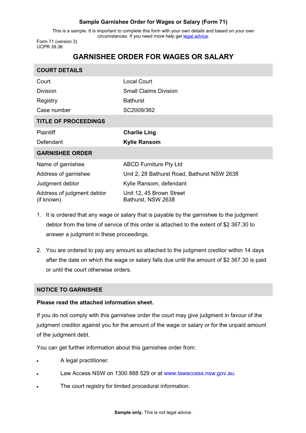 NSW UCPR Form 71 (Version 2) - Garnishee Order for Wages Or Salary s2