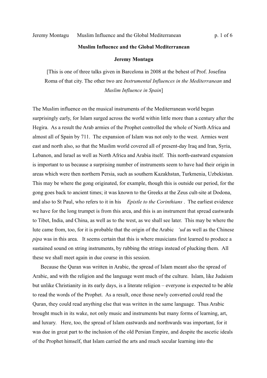 Jeremy Montagu Muslim Influence and the Global Mediterranean P. 1 of 6