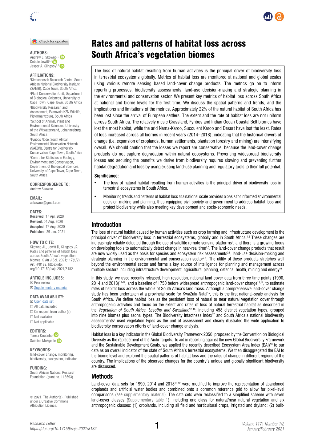 Rates and Patterns of Habitat Loss Across South Africa's Vegetation