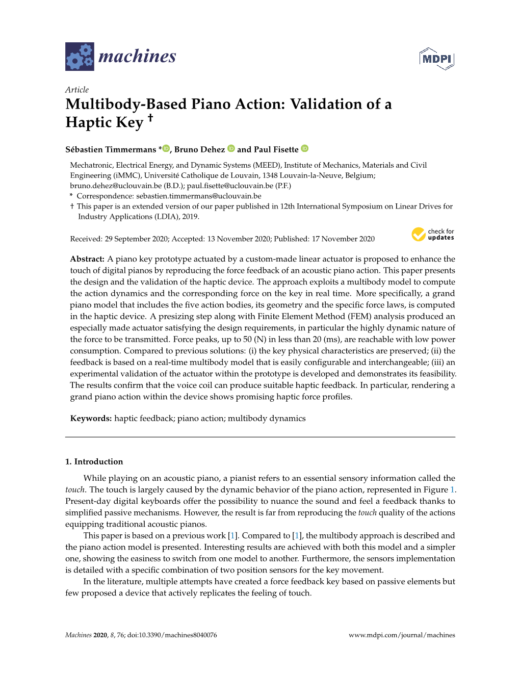 Multibody-Based Piano Action: Validation of a Haptic Key †